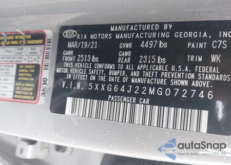 2021 Kia K5 Gt-Line z USA, uszkodzony, nr VIN 5XXG64J22MG072746